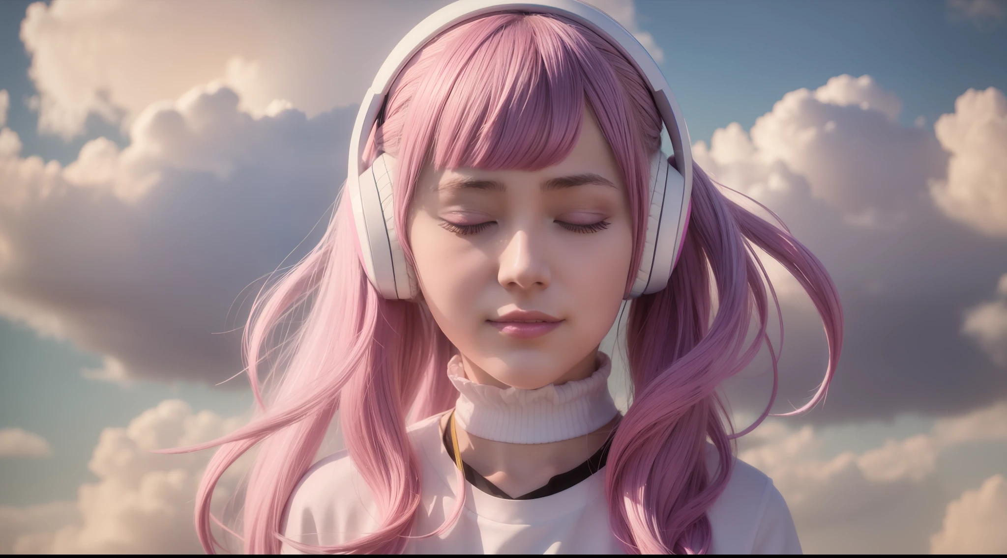 Woman with peace sense headset, closed eyes, beautiful face, RGB colors, anime pink hair, banner for youtube video, happy girl, clouds with RGB colors., bright RGB colors.