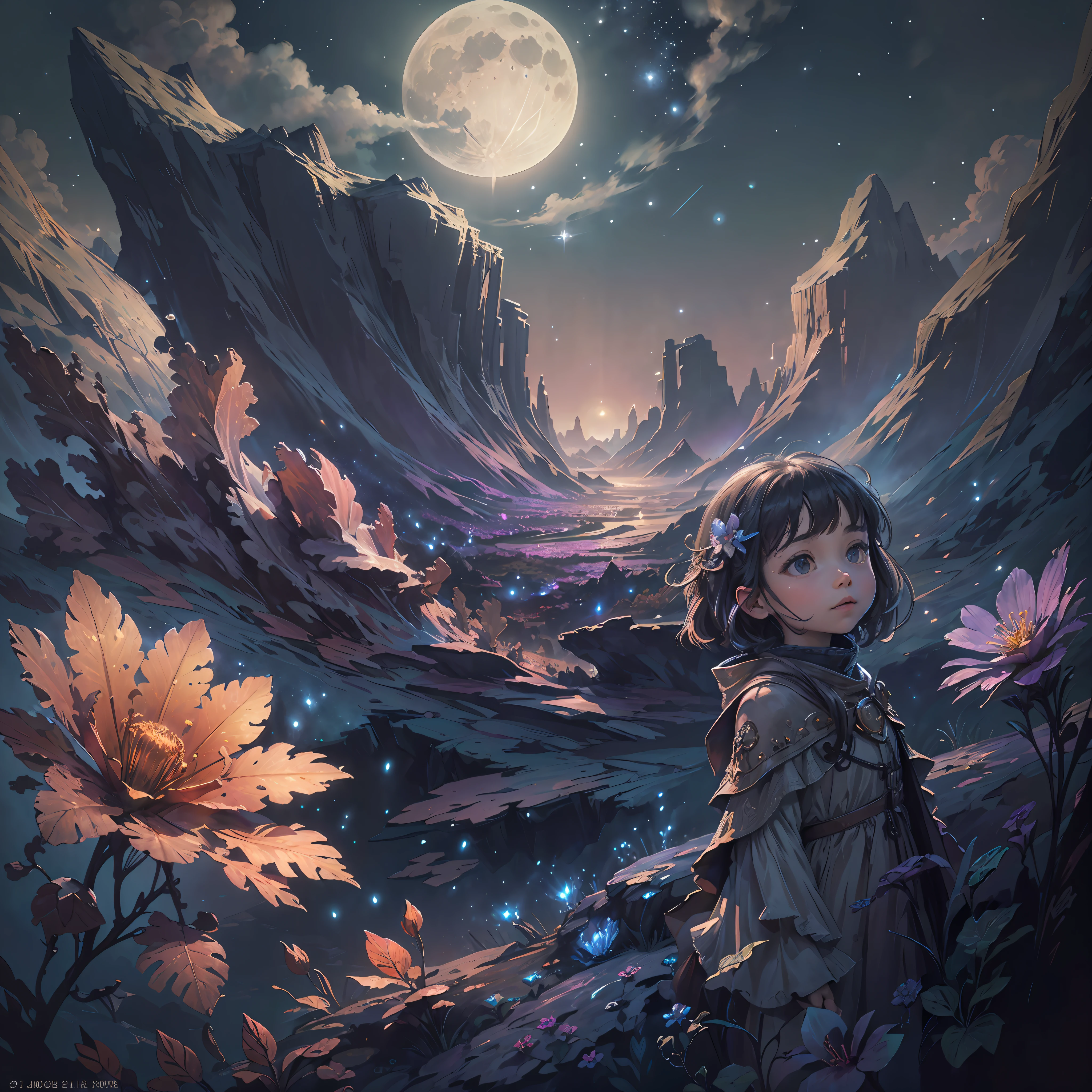 Expansive landscape photograph, (view from below with a view of the sky and wilderness below), little girl standing in a flower field looking up, (full moon: 1.2), (shooting star: 0.9), (nebula: 1.3), distant mountain, tree break production art, (warm light source: 1.2), (firefly: 1.2), lamp, purple and orange, intricate detail, volume lighting, realism break (masterpiece: 1.2) (Best Quality), 4K, Ultra-Detailed, (Dynamic Configuration: 1.4), Highly Detailed and Colorful Details, (Iridescent Colors: 1.2), (Glowing Lighting, Atmospheric Lighting), Dreamy, Magical, (Solo: 1.2) --auto --s2