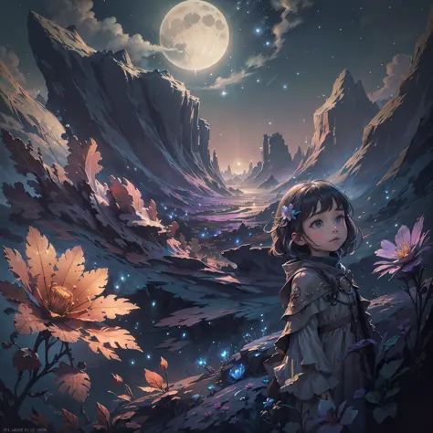 Expansive landscape photograph, (view from below with a view of the sky and wilderness below), little girl standing in a flower ...