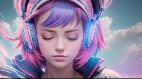 Woman with peace sense headset, closed eyes, beautiful face, RGB colors, anime pink hair, banner for youtube video, happy girl, ...