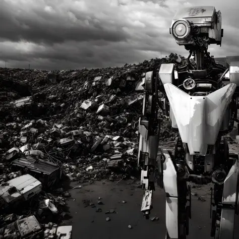 arafed robot sitting in a pile of robotic garbage in a robot dump, sad robot, destroyed robots, black and white robot photograph...