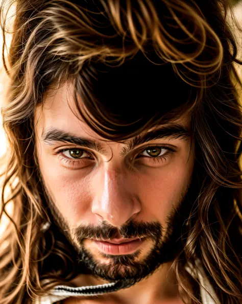 there is a man with long hair and beard looking at the camera, 8k selfie photography, with haunted eyes and dark hair, looking i...