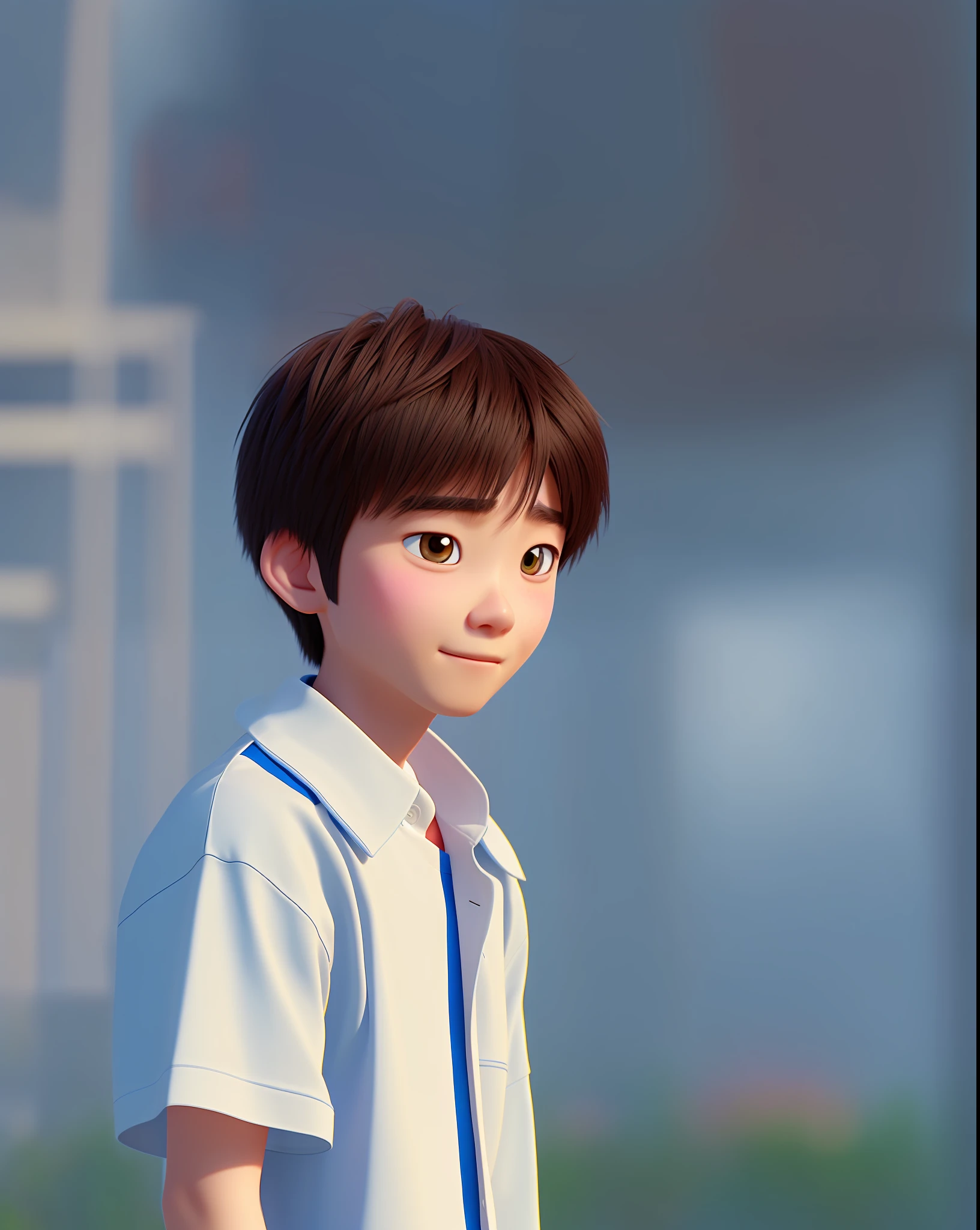 Um adolescente coreano, Cabelo bagunçado, camisa grande com gola, estilo pixar, 1 cara, macho, Disney