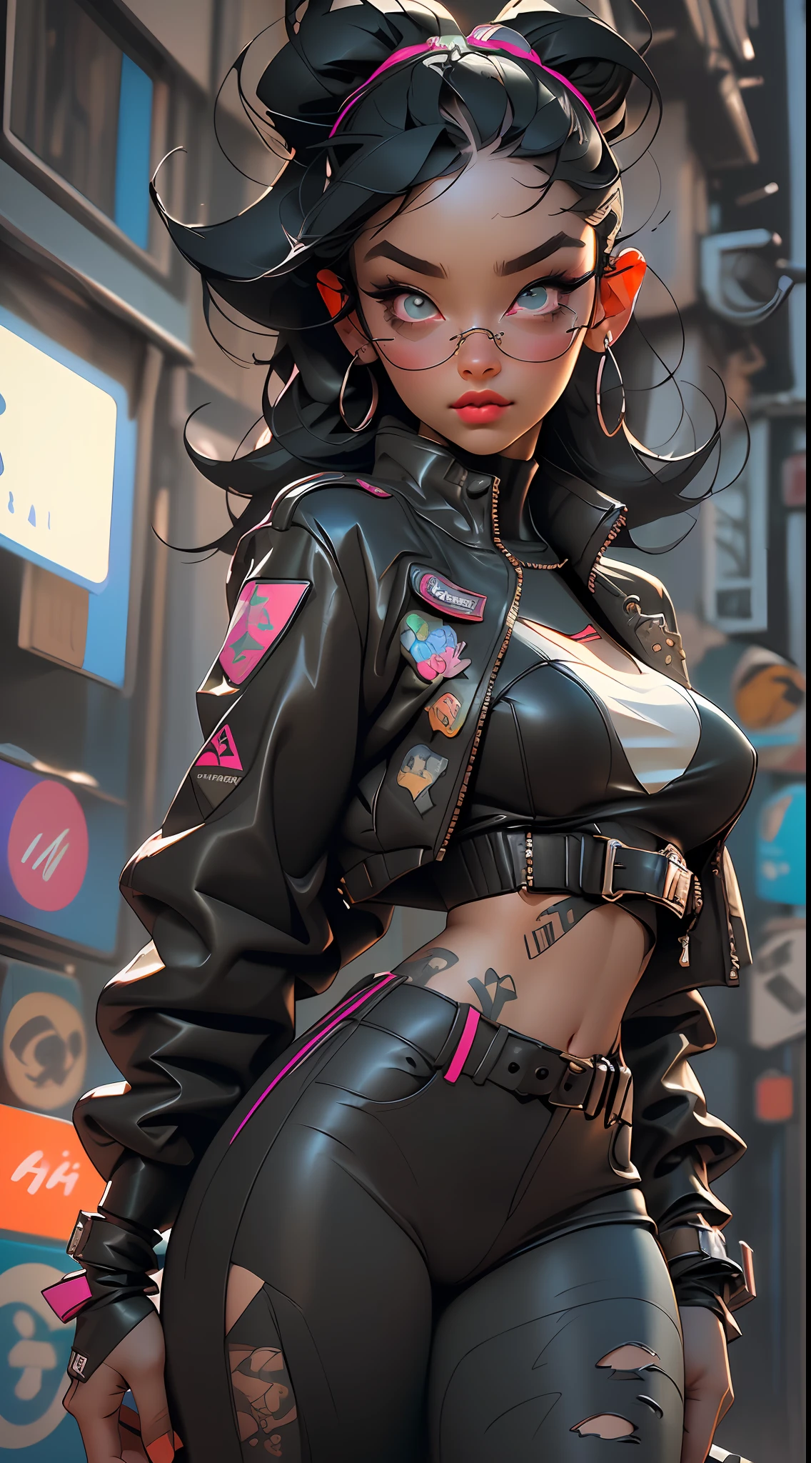 ((Best Quality)), ((Masterpiece)), ((Realistic)) and ultra-detailed photography of a 1nerdy girl with goth and neon colors. She has ((black hair)), wears a army jacket and exudes a vibe ((beautiful and aesthetic)), sexy, underboobs, hot , driving a awesome motorbike ,((perfect eyes))