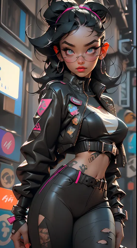 ((Best Quality)), ((Masterpiece)), ((Realistic)) and ultra-detailed photography of a 1nerdy girl with goth and neon colors. She ...