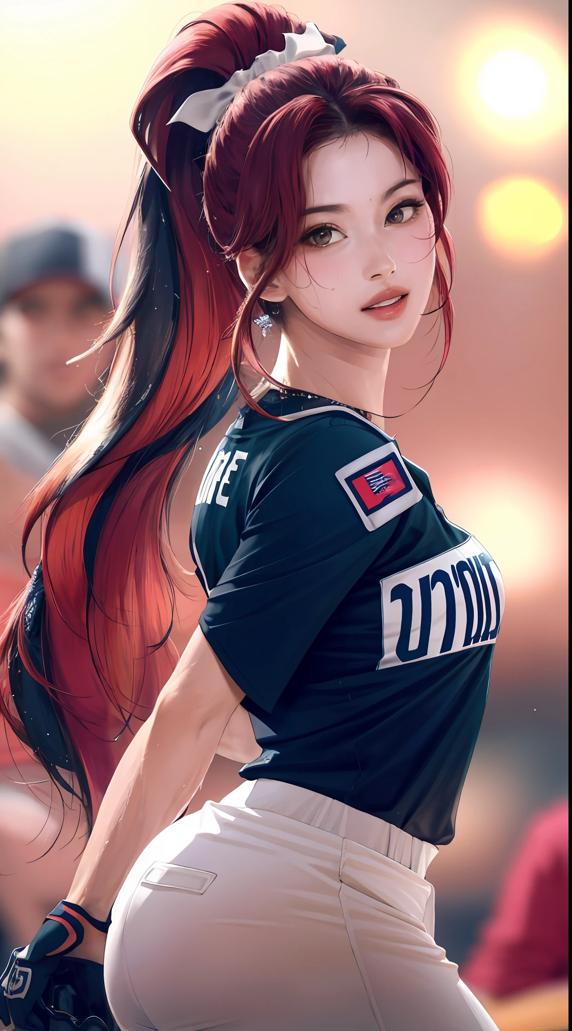 masterpiece:1.2, best quality), realistic, (real picture, intricate details, depth of field), (1girl, solo), make up, parted lips, highly-detailed, perfect face, nice breasts, (skindentation), thick thighs, wide hips, small waist, tall, glossy coral lips, red hairs, red eyes, ponytail, (A girl playing baseball, baseball uniform), (sweating:1.2), (wet), sexy, blushing,