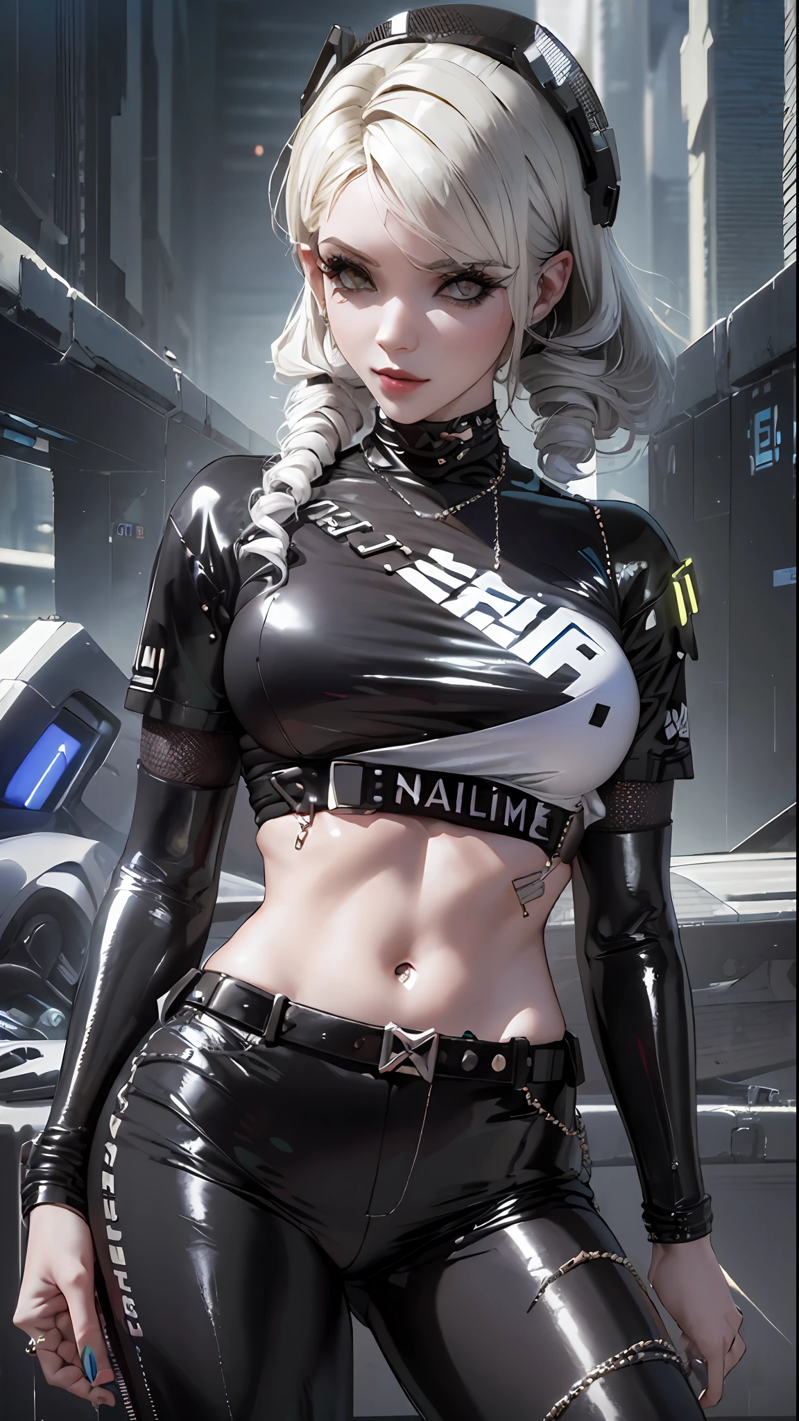 ((Best quality)), ((masterpiece)), (highly detailed:1.3), .... 3D, beautiful (cyberpunk:1.3) , Stylish woman looking at camera, black pants, black t-shirt