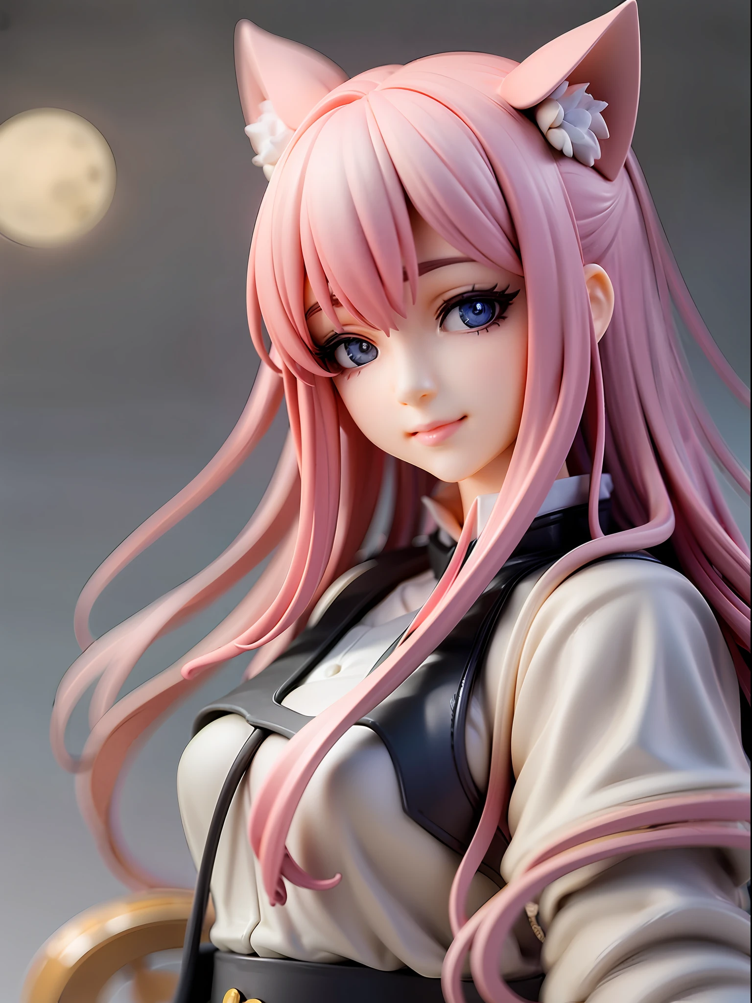 1girl, cat ears, cat tail, cherry blossom ,long pale hair, beautiful bright blue eyes, smiling, wearing a white kimono, standing under a night sky with a full moon, moon light,surrounded by blue roses, [realistic], [3d], (8k, RAW photo, best quality, masterpiece:1.2), ultra high res, photo realistic, professional lighting, detailed lighting, professional photography, high quality, high res, extremely detailed, bloom, depth of field, sketch, sharp focus, soft lighting, detailed, detailed skin, to8contrast style.