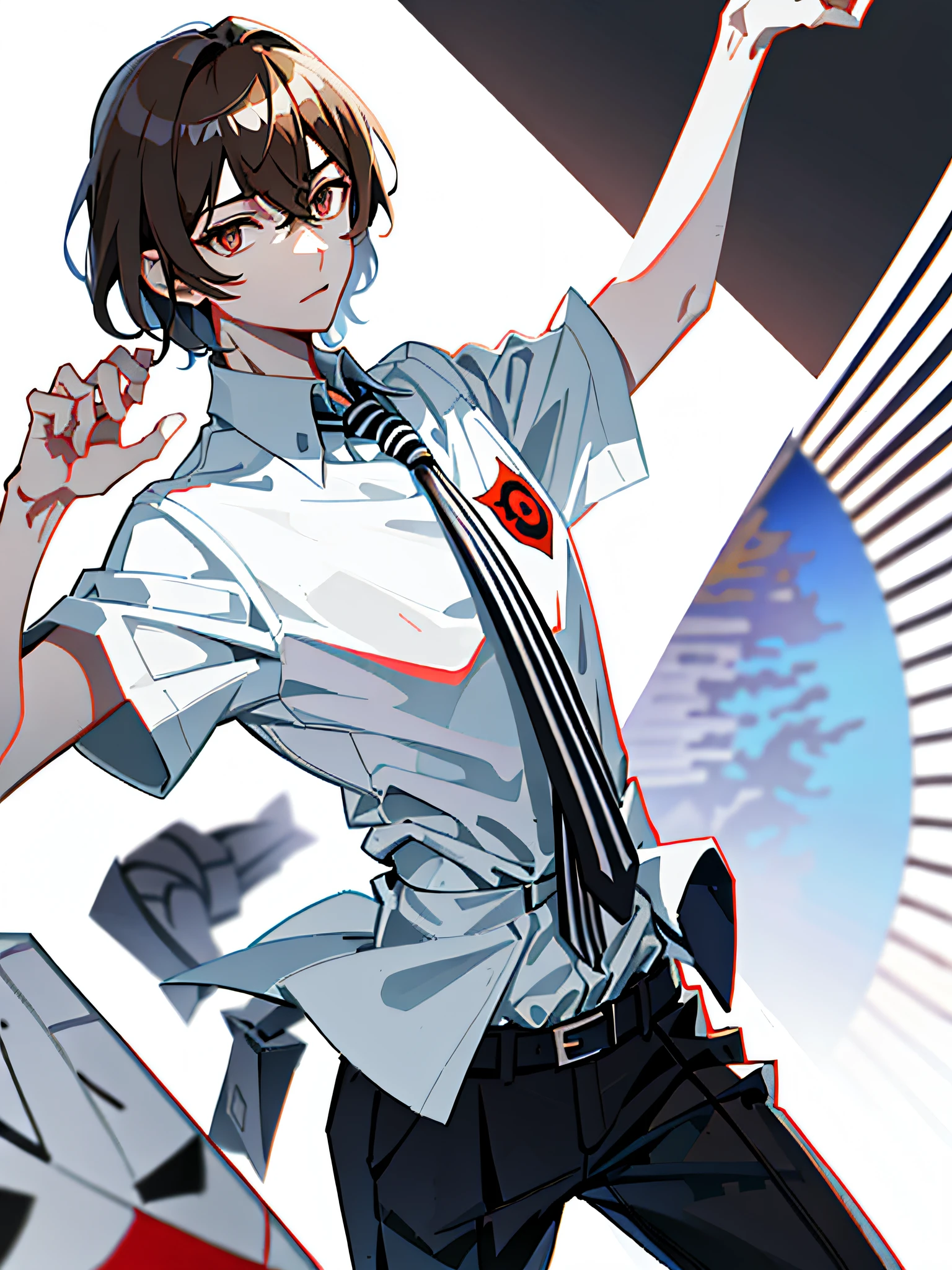 akechi_gorou, summer_uniform, 1boy, striped_necktie, white_dress_shirt, short sleeves, belt, black_pants, solo, male focus, masterpiece, best quality, 4k, 8k,