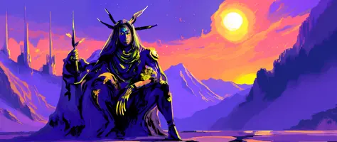 "((wabi sabi))", man sitting on a colorful pile of rocks with a mountain in the background, with a realistic moon in the sky, hi...