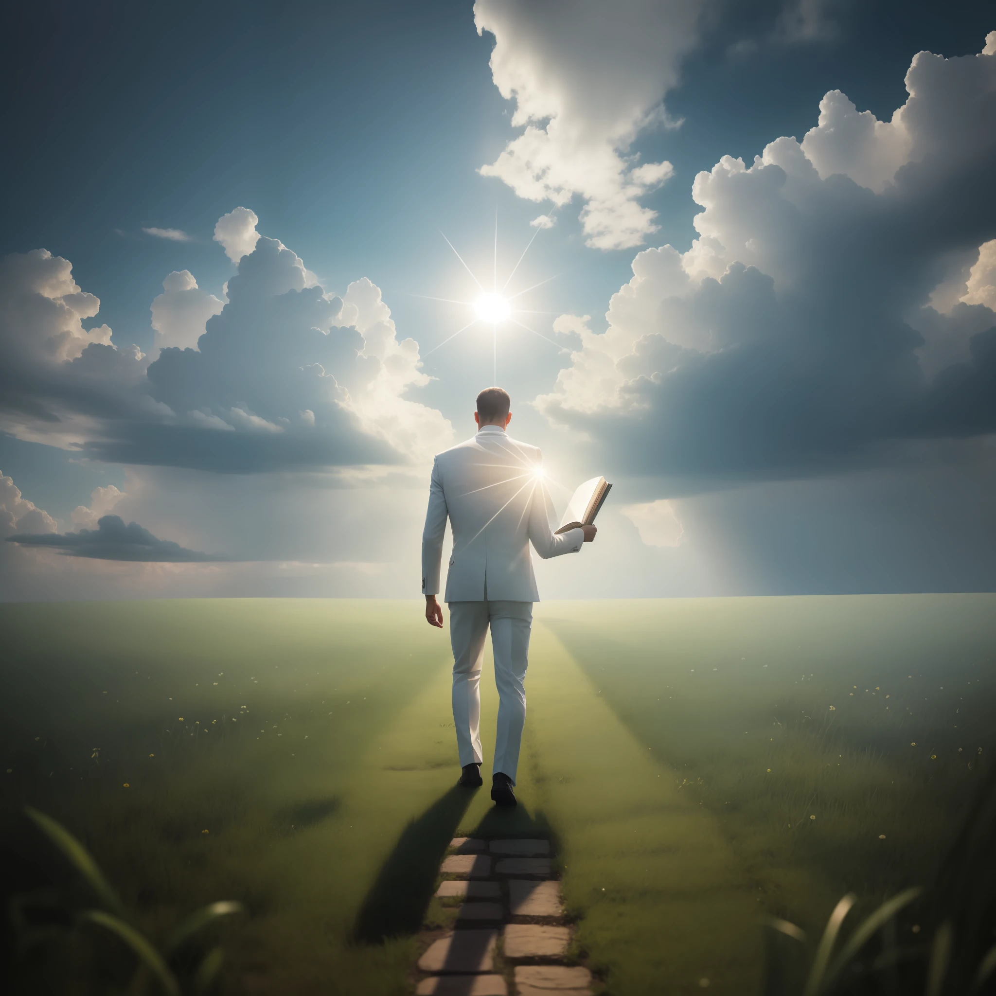 Un homme marchant vers le paradis, bible en main, seul, pelouse, ciel couvert, une forte lumière blanche venant du ciel, effet prisme, incroyablement détaillé, meilleure qualité, 8k