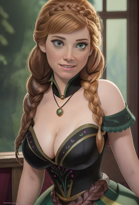1girl, solo, (Anna Kendrick:1.2) is a very sexy AnnaWaifu, black dress, big breasts, huge breasts, cleavage, low cut, high slit skirt, green skir, form fitting dress, elegant black bodice, two braids, red hair, hourglass figure, cottagecore background, hyp...