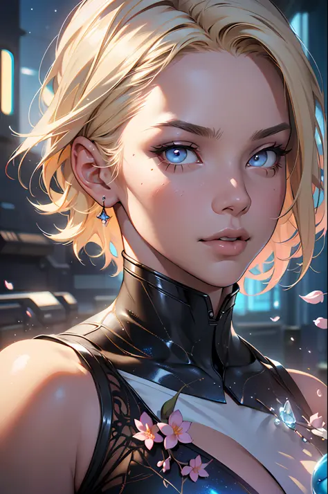 Highly detailed RAW color photo, beautiful young woman, short blonde hair, dynamic pose, (wide hips), (detailed skin), (detailed lips), (detailed eyes), (cosmic: 1.4), (necropolis: 1.1), (Science fiction setting) (detailed face), (curvy), white clothing, d...