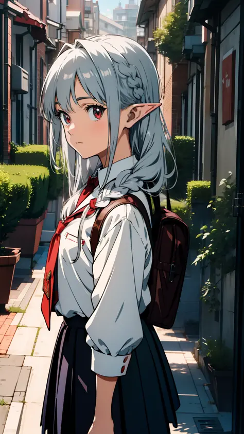 close up portrait of one girl, elf, silver hair, red eyes, braid, school uniform, school street, walking, concept art, beautiful...