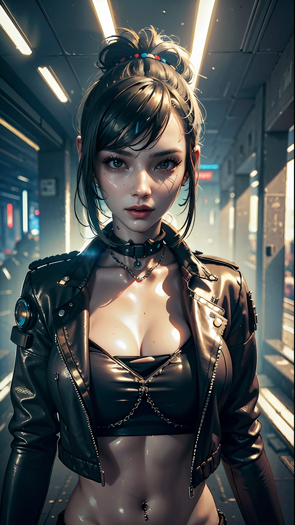 ((melhor qualidade)), ((Obra de arte)), (altamente detalhado:1.3), 3D, lindo (ciberpunk:1.3), mulher elegante olhando para a câmera roupas de couro preto