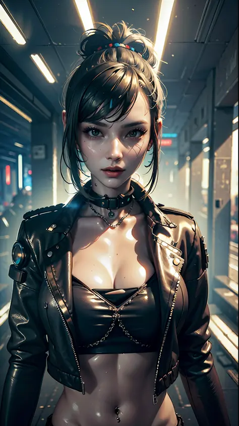 ((Best quality)), ((masterpiece)), (highly detailed:1.3), 3D, beautiful (cyberpunk:1.3), stylish woman looking at camera black l...