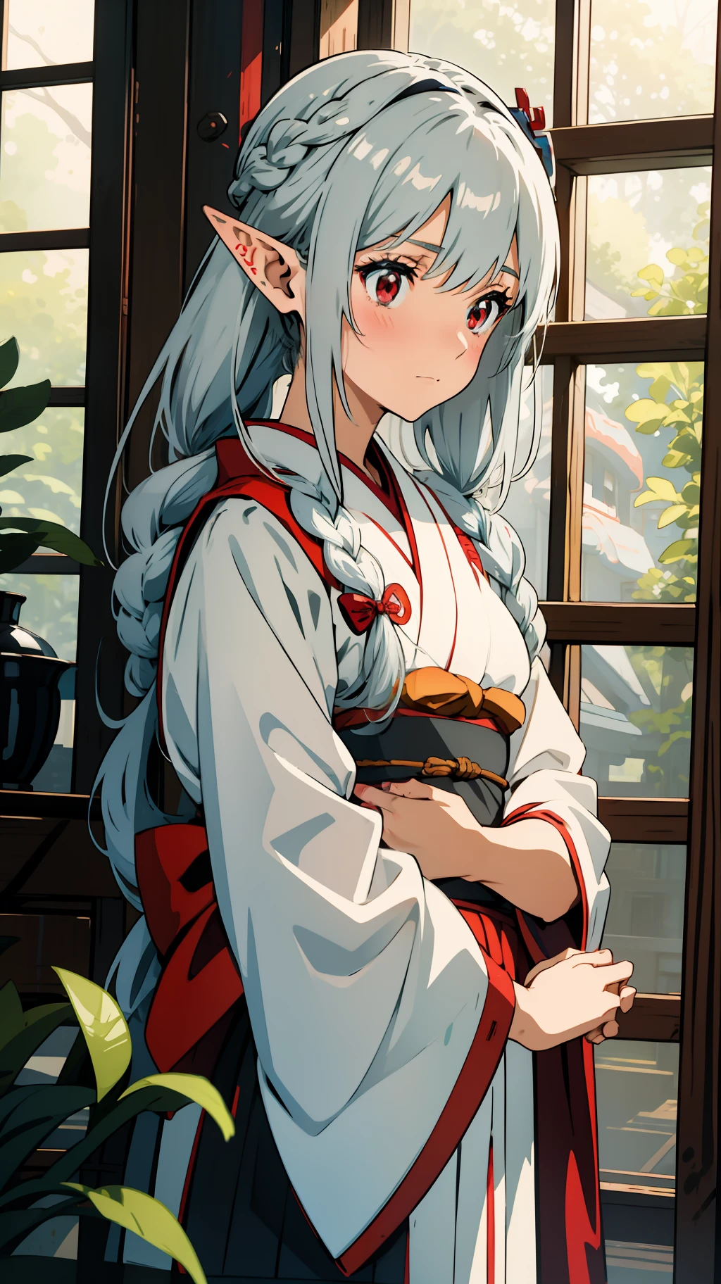 Close up portrait of one girl, elf, silver hair, red eyes, braid, kappo kimono, Japanese maid, kimono, apron, Japan house, putting hands on her face, embarrassed, blush, concept art, beautiful anime scene, best quality, 4K