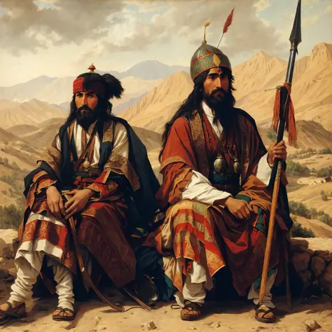 a pashtun tribal and mongol warrior sitting in kabul , historic painting