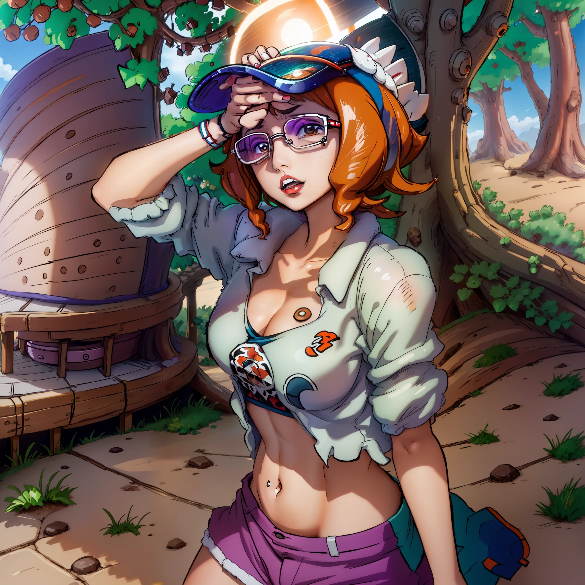 Young pokemon trainer,with short orange hair,tapping on the shoulder,white clothing with a pokeball symbol on the chest,the young woman has medium breasts,she wears a sunglasses and wears a nude lipstick.