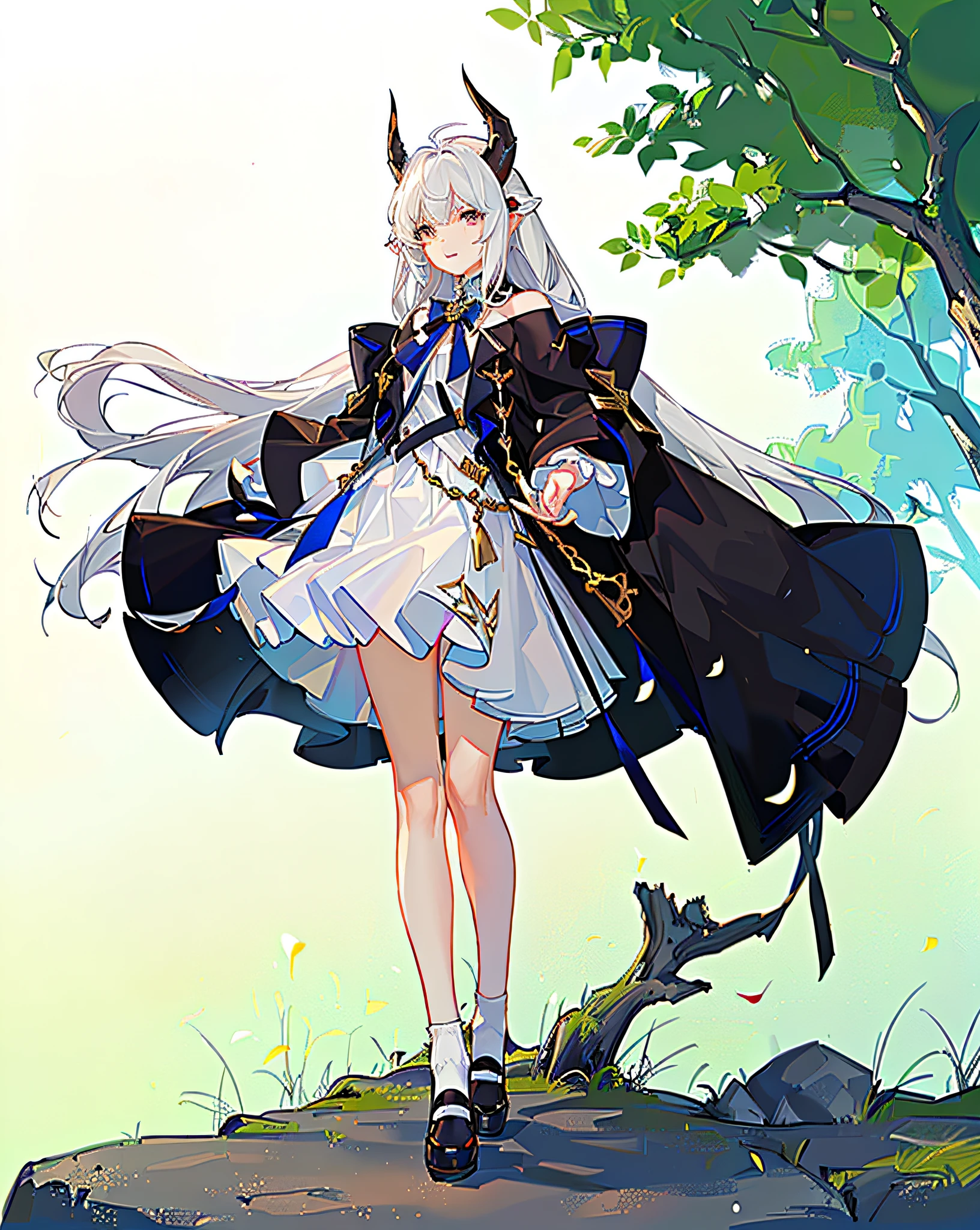 Best quality, super high resolution, super fine face and eyes, white socks, jewel clothing, clothes with complex patterns, single standing position, normal standing position, background removed, white medium hair in front, long black hair at back, horns on the head