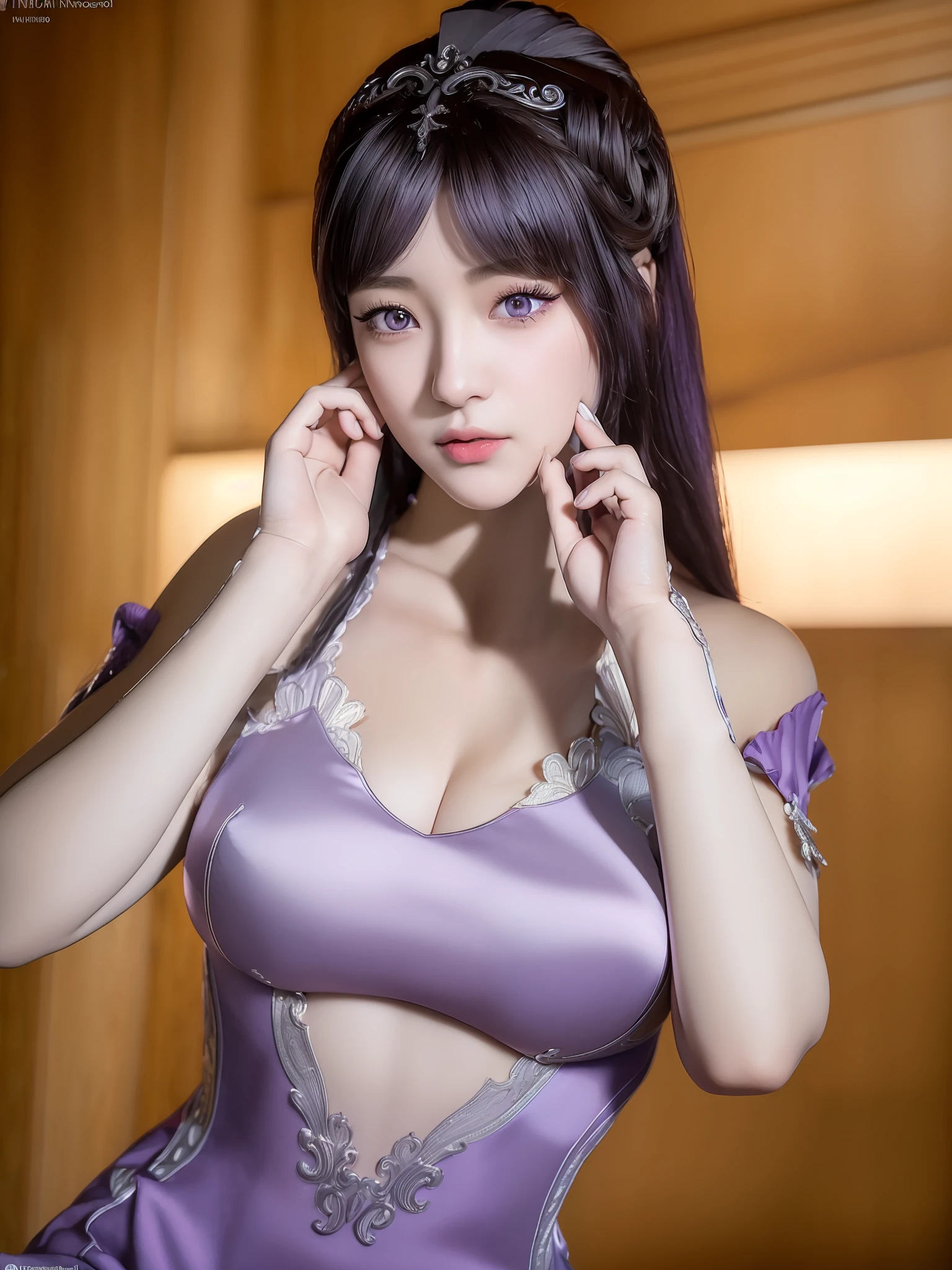 xiaowu, ({1girl, solo}:2), mature female, masterpiece, mistress, goddess, rabbit ears, sitting, ring, tight clothes, tight dress, (no bra), ({masterpiece, best quality, realistic, photography, RAW, Nikon, 85mm, real life, sharp focus, 8k UHD, photo realistic, high resolution, ultra-detailed, anatomically correct, super detail, award winning, highres, 1080P, 16k, 8k, 4K, HD, ccurate}:1.4), (clarity:1.1), ({extremely detailed realistic hair, beautiful realistic hairstyle, realistic dark purple hair}:1.3), ({beautiful realistic face, extremely detailed realistic face}:1.3), ({realistic purple eyes, extremely detailed realistic eyes, perfect eyes, eye-level shot, extremely detailed realistic pupils, detailed realistic retina, extremely detailed realistic eyelashes}:1.5), ({detailed realistic lips, beautiful realistic lips}:1.3), ({proportional anatomy, upper body from head to thighs, slender abs}:1.5), ({proportional realistic breasts, realistic medium breasts}:1.3), ({detailed realistic skin, realistic natural skin color, natural skin texture}:1.4), (detailed realistic natural fingers:1.5)