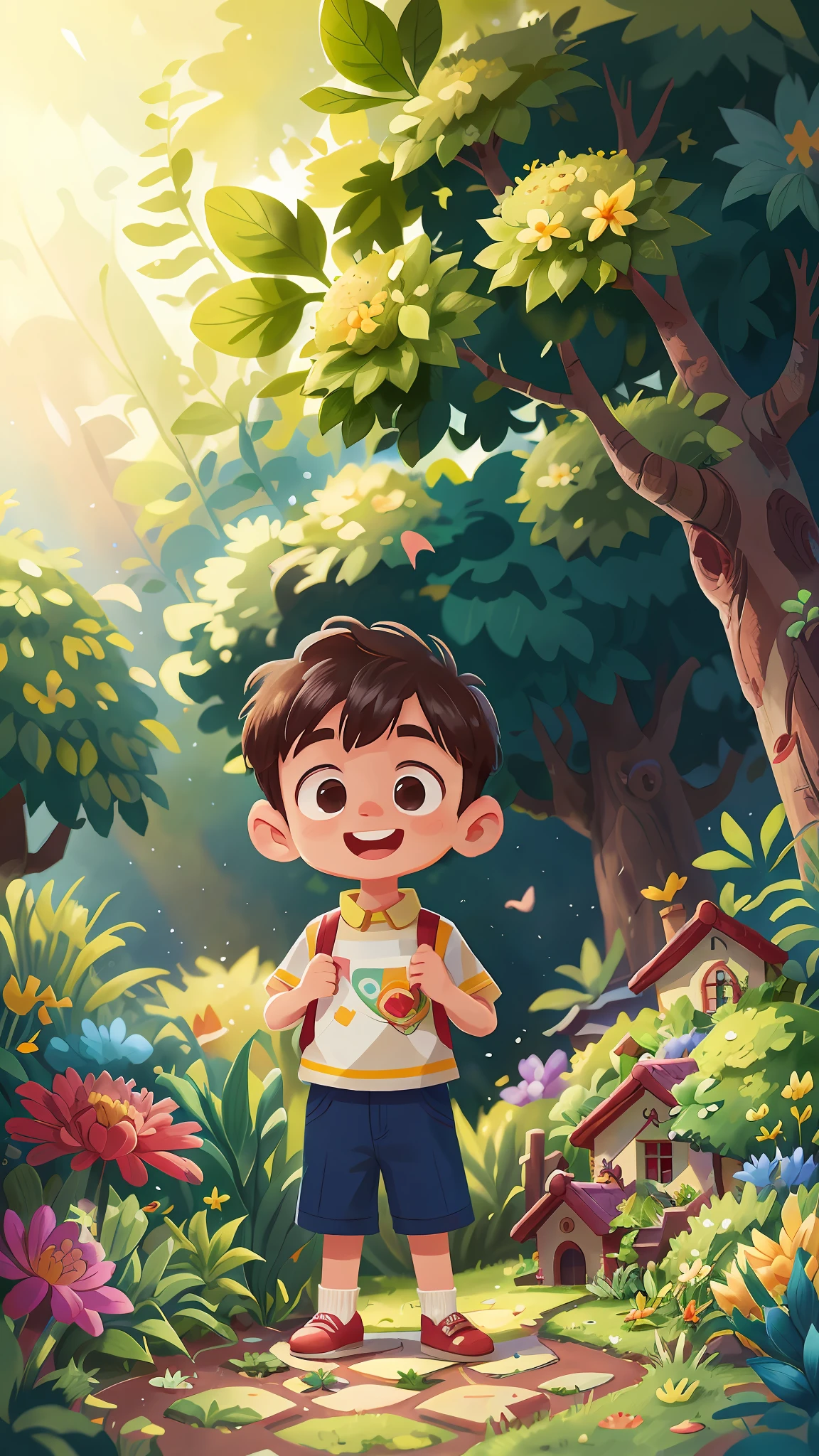 A 6-year-old boy standing in a garden, happy, happy, perfect quality, clear focus (mess - house: 0.8), (masterpiece: 1.2) (Realistic: 1.2) (Bokeh) (Best quality) (Detailed Skin: 1.3) (Intricate Details) (8K) (Eye Detail) (Sharp Focus), (Happy)