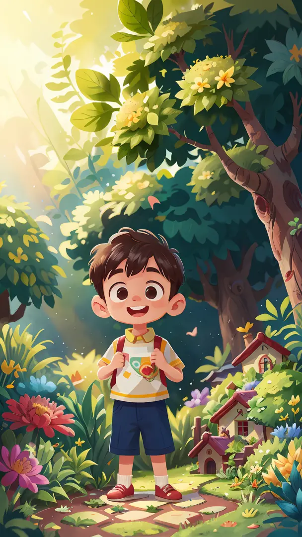 A 6-year-old boy standing in a garden, happy, happy, perfect quality, clear focus (mess - house: 0.8), (masterpiece: 1.2) (Reali...