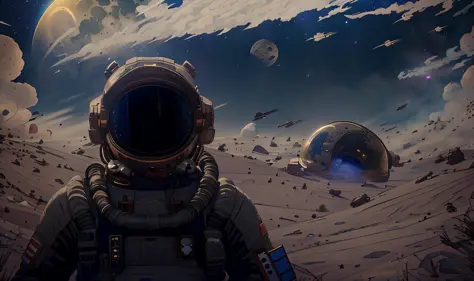 Low wide-angle vision, astronaut obscured by smoke, intricate spacesuit, helmet with mirrored viewfinder, detailed moon landscap...