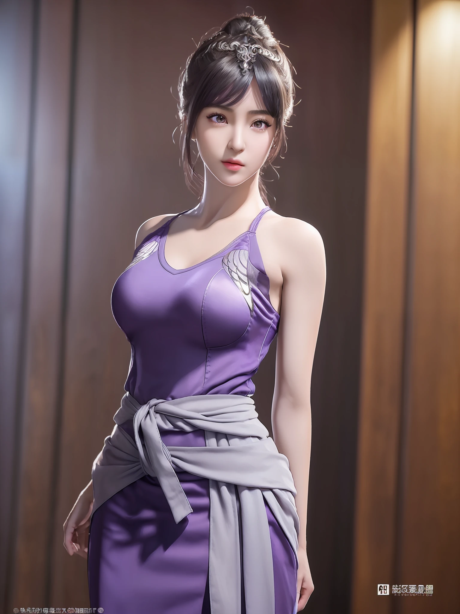 xiaowu, ({1girl, solo}:2), mature female, masterpiece, mistress, goddess, rabbit ears, standing, ring, tight clothes, tight dress, (no bra), ({masterpiece, best quality, realistic, photography, RAW, Nikon, 85mm, real life, sharp focus, 8k UHD, photo realistic, high resolution, ultra-detailed, anatomically correct, super detail, award winning, highres, 1080P, 16k, 8k, 4K, HD, ccurate}:1.4), (clarity:1.1), ({extremely detailed realistic hair, beautiful realistic hairstyle, realistic dark purple hair}:1.3), ({beautiful realistic face, extremely detailed realistic face}:1.3), ({realistic purple eyes, extremely detailed realistic eyes, perfect eyes, eye-level shot, extremely detailed realistic pupils, detailed realistic retina, extremely detailed realistic eyelashes}:1.5), ({detailed realistic lips, beautiful realistic lips}:1.3), ({proportional anatomy, upper body from head to thighs, slender abs}:1.5), ({proportional realistic breasts, realistic medium breasts}:1.3), ({detailed realistic skin, realistic natural skin color, natural skin texture}:1.4), (arms behind waist:1.5)