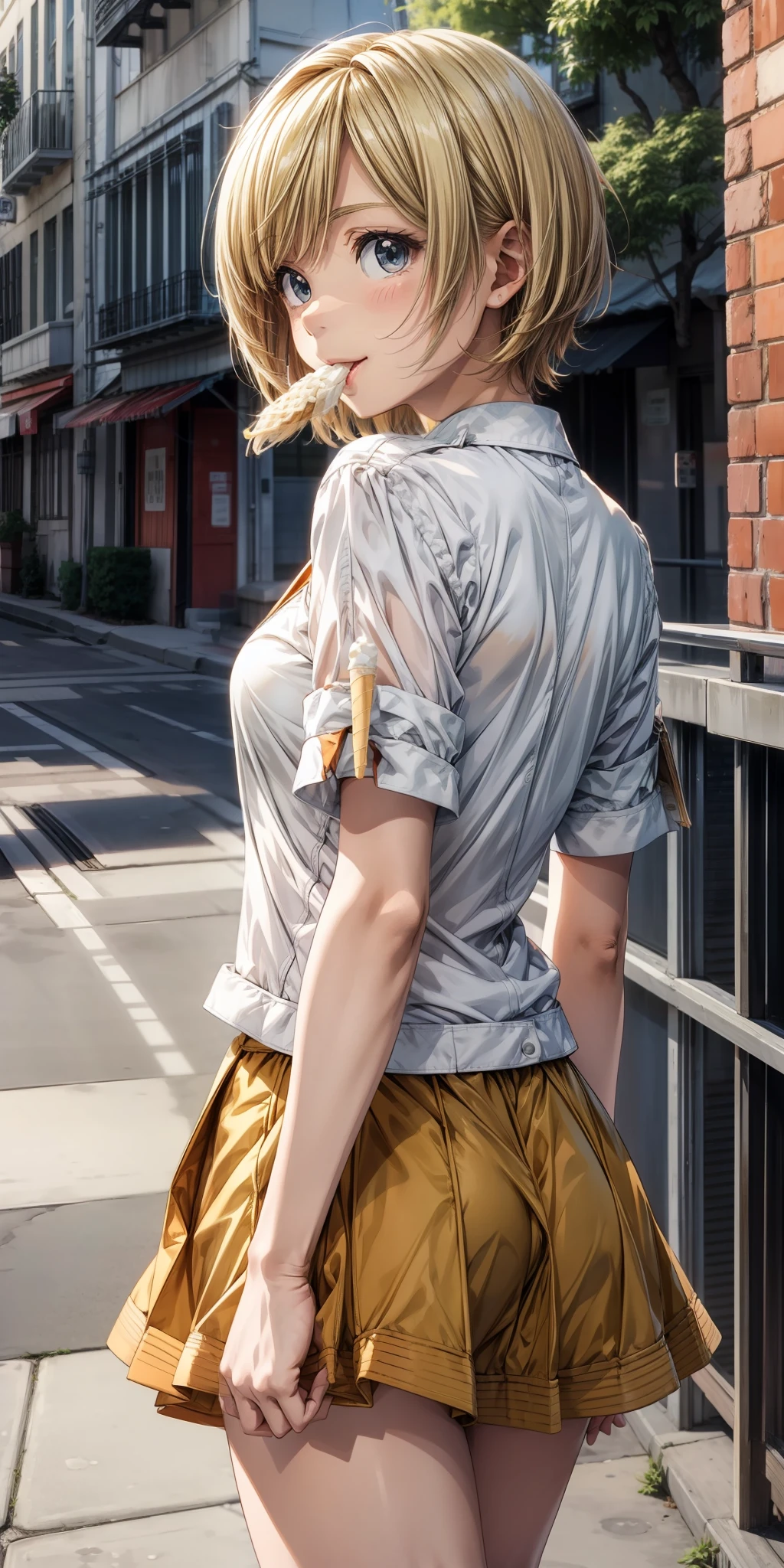 Anime style, 1girl, short blond hair, Blue eyes, Not so short Orange skirt, White blouse, (eating ice cream) , sunny Day, suuny scenery, confident smile, masterpiece, (high quality), high definition,