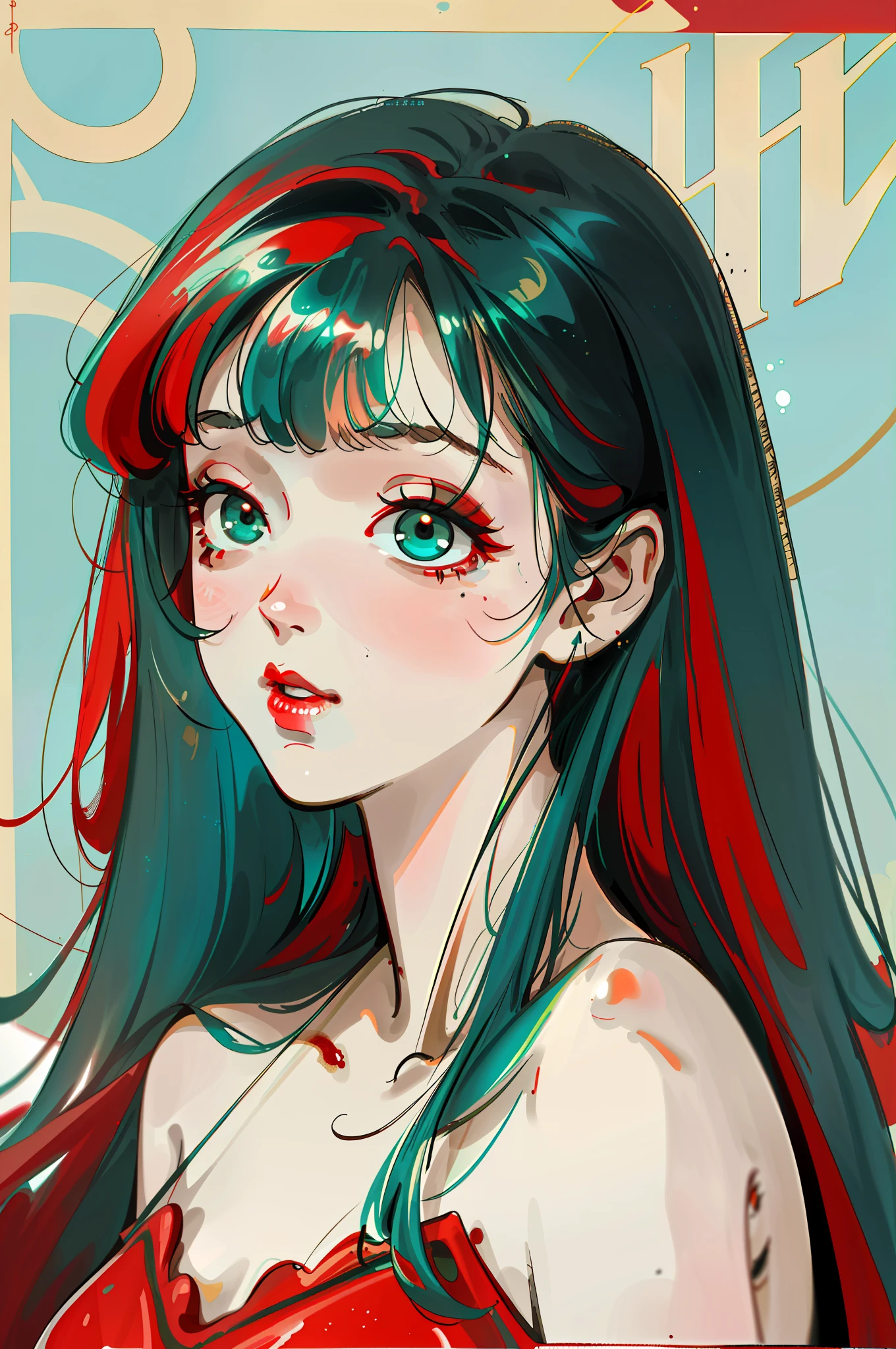 (Best image quality, high quality, 8K) + (strawberry jam | red lipstick) + turquoise long shiny hair + slanted bangs + loose white shirt + dark makeup + messy hair + decadent beauty + beautiful dark circles + charming eyes, half squinted + bare shoulders)