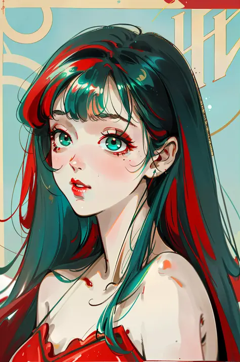 (Best image quality, high quality, 8K) + (strawberry jam | red lipstick) + turquoise long shiny hair + slanted bangs + loose whi...