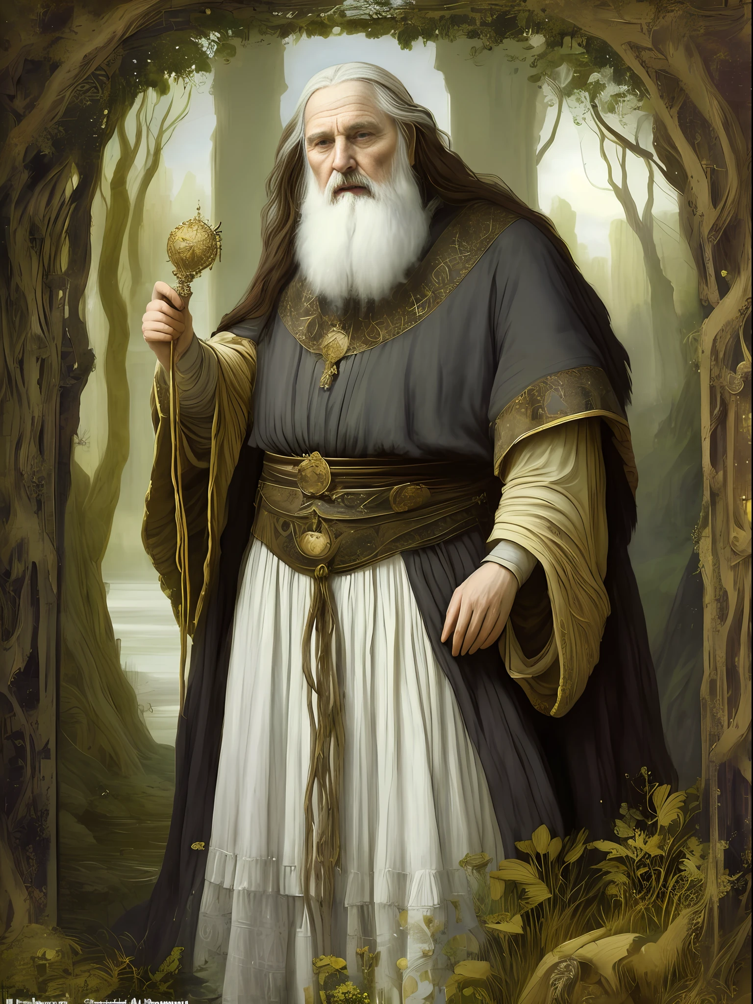 (((Pre-Raphaelite painting))) Druid, 80-year-old, old and strong, sovereign and wise, dark hair and gray clothes fulfilled with golden details, mystical and heavenly, large and gray beard, in a palace of white marbles, divine and heavenly