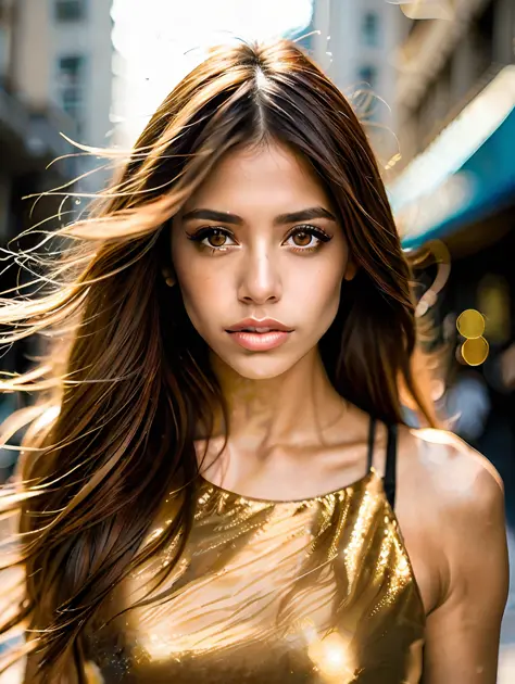 portrait of an insanely stunning beautiful sexy Brazilian woman in a city environment, messy windy light brown hair, flipping hair, hazel eyes, symmetrical face, dramatic lighting, Chaotic atmosphere, sharp eyes, (extreme skin details) ultra realistic, rul...