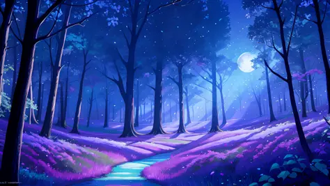 woodland scenery with purple moon shining in the background, blue butterflies in the air