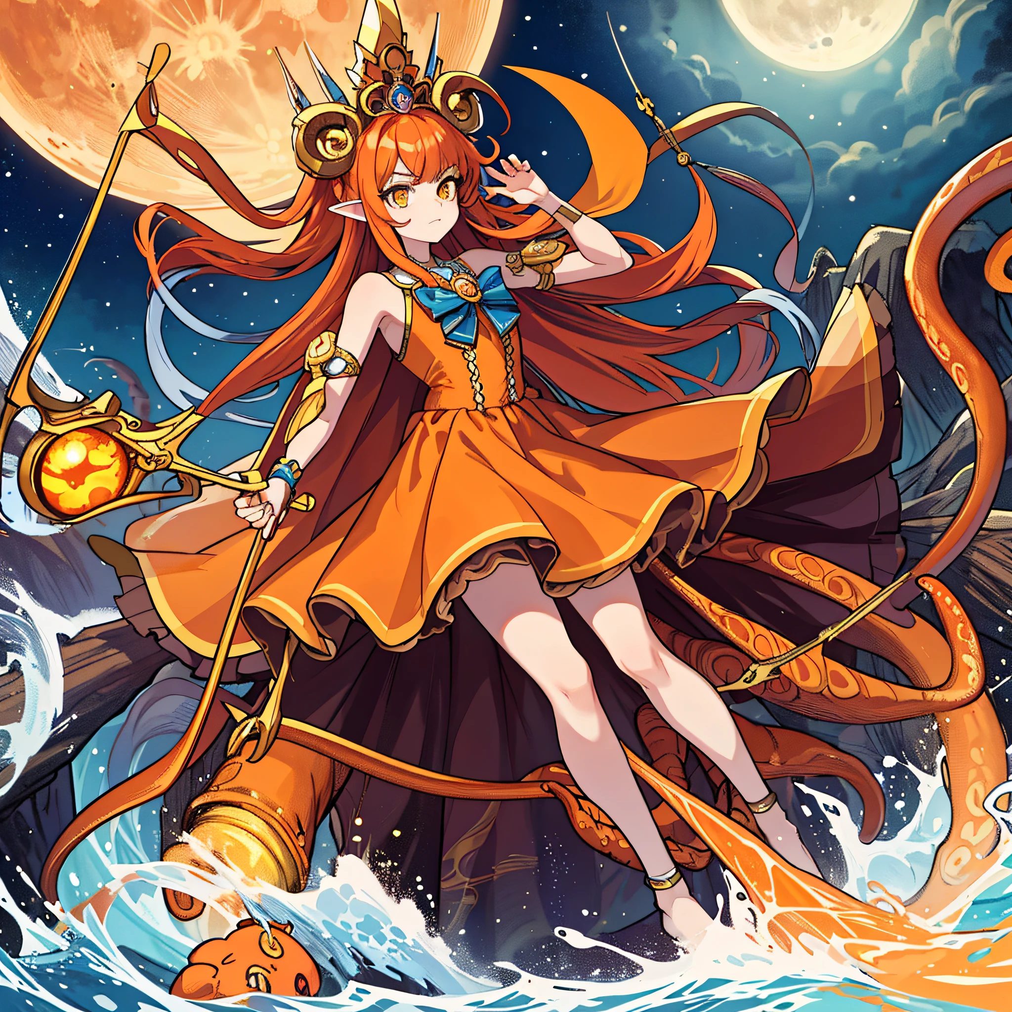 cephalopod, (cephalopod), orange wavy tentacles, fluffy orange mane, yellow battle dress, blue cape, bow and arrow, goddess of moon and hunt, fierce eyes, under the moonlit sky, masterpiece, Best Quality