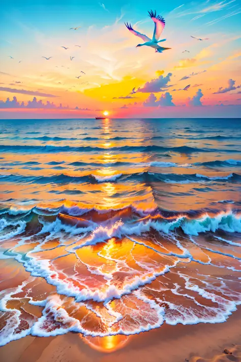 Absolutely mesmerizing sunset on the beach with a mix of orange, pink, a white boat and yellow filling the sky. The sea water is crystal clear, kissing the coast gently, and the white sandy beach is endless. The scenes are action-packed and breathtaking, w...