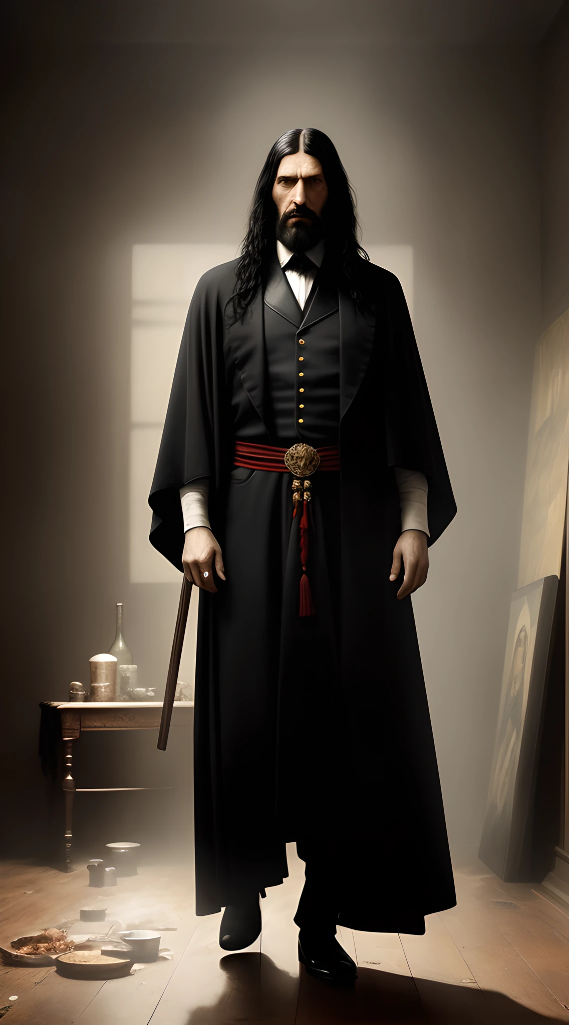 (masterpiece, 8K, UHD, oil painting, Greg Rutkowski style:1.3), Grigori Rasputin, (long, unkempt black hair:1.2), (intense gaze:1.4), bullet wounds visible, defiant stance. Background of a dimly lit room, (tattered royal Edwardian robes:1.3), unwashed appearance, rotten food and empty vodka bottles strewn about, (dark and intimidating atmosphere:1.2), realistic style.