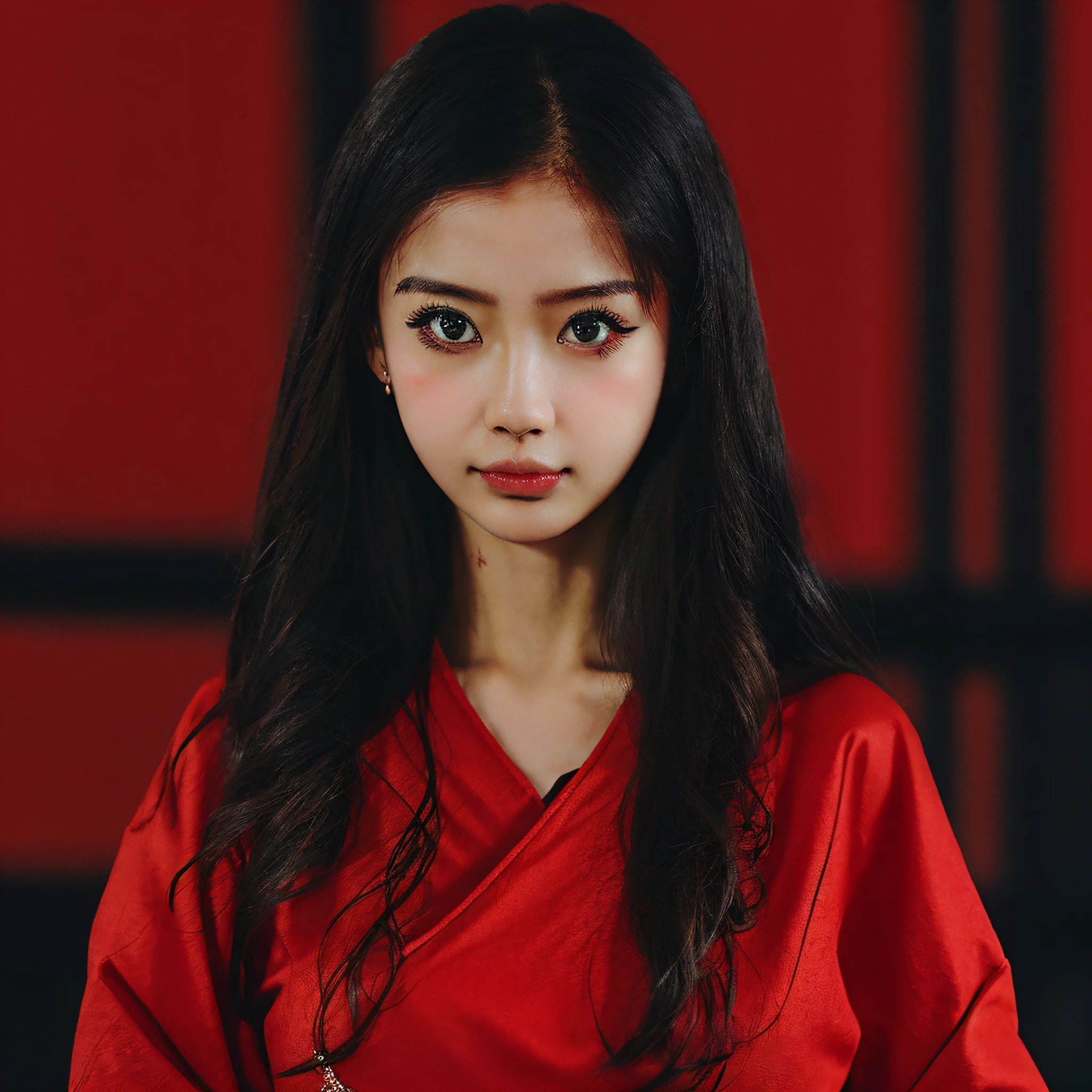 1girl, solo, portrait of AsukaLangley red outfit in space hanggar, serious, details, realistic, photography, blurry background, softfocus, bokeh