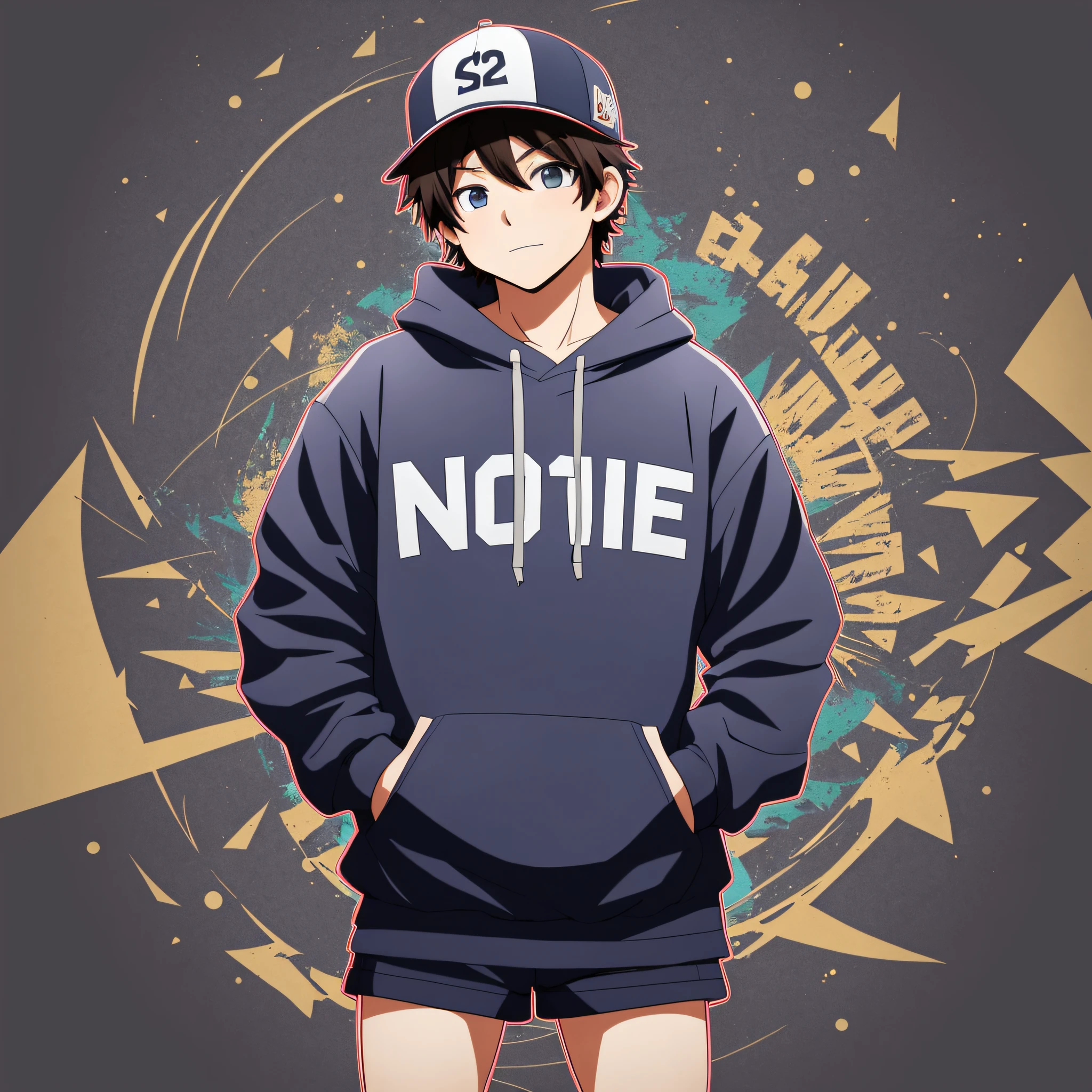 Anime Screen Cover 1 boy, solo, upper body, hat with the word non-heart written on the hat, giggle, from below, hoodie, cargo shorts, looking at the audience, dynamic pose, streetwear, chibi, hands in pockets, masterpiece, best quality, (absurdity: 1.1), masterpiece, best quality --auto --s2