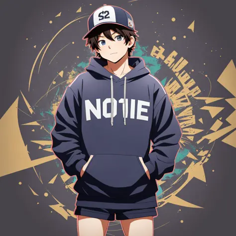 Anime Screen Cover 1 boy, solo, upper body, hat with the word non-heart written on the hat, giggle, from below, hoodie, cargo sh...