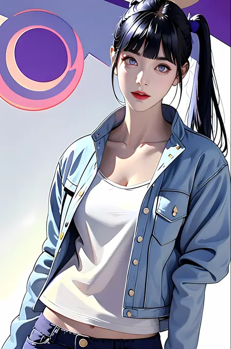 masterpiece, best quality, ((pure white background)), standing, dark blue hair bun,cold face, full body, denim jacket, white t-s...