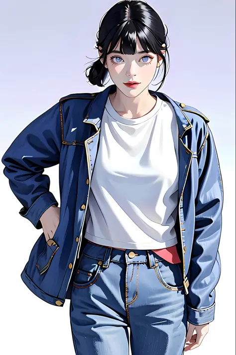 masterpiece, best quality, ((pure white background)), standing, dark blue hair bun,cold face, full body, Denim jacket, white T-s...