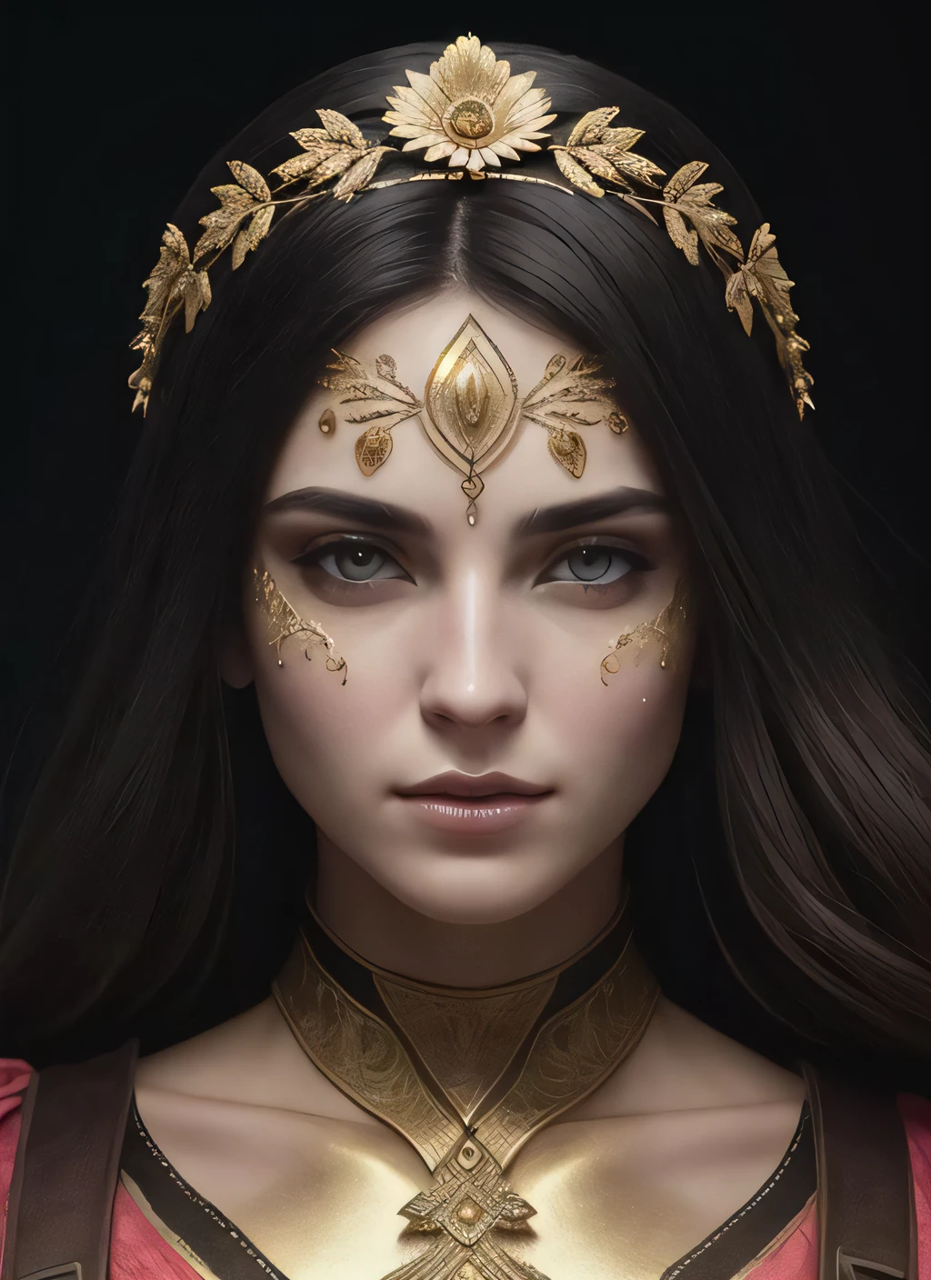 (symmetry:1.1) (portrait of floral:1.05) a woman as a beautiful goddess, (assassins creed style:0.8), pink and gold and opal color scheme, beautiful intricate filegrid facepaint, intricate, elegant, highly detailed, digital painting, artstation, concept art, smooth, sharp focus, illustration, art by greg rutkowski and alphonse mucha, 8k, Best quality details, realistic, High definition, High quality texture, epic lighting, Cinematic film still, 8k, soft lighting