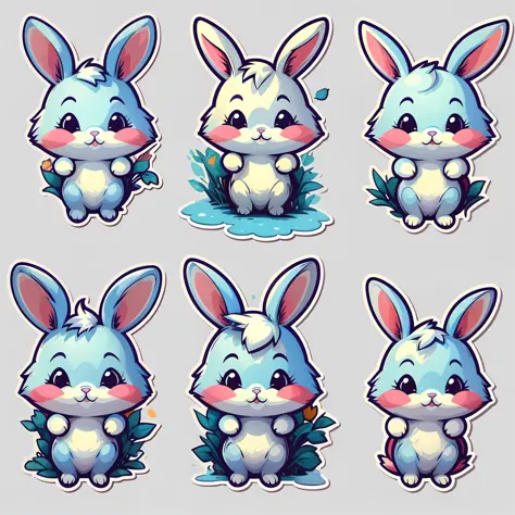 sticker, rabbit in different poses, chibi style, white background, full body, vibrant colors, aligned side by side, vector, sticker illustration, cute rabbit, perfect rabbit, sticker illustrations, sticker design vector art, rabbit, vector sticker, bottoml...