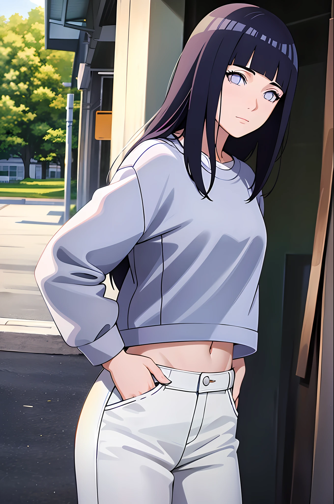 masterpiece, best quality, ((pure white background)), standing, (dark blue hair) ,cold face, full body, Denim jacket, white T-shirt, casual pants, (((Fashionable clothing))), happy, light effect, soft, super clear, high-definition picture, (front), purple eyes, blunt bangs, hinata/(boruto/), long hair,  medium breast