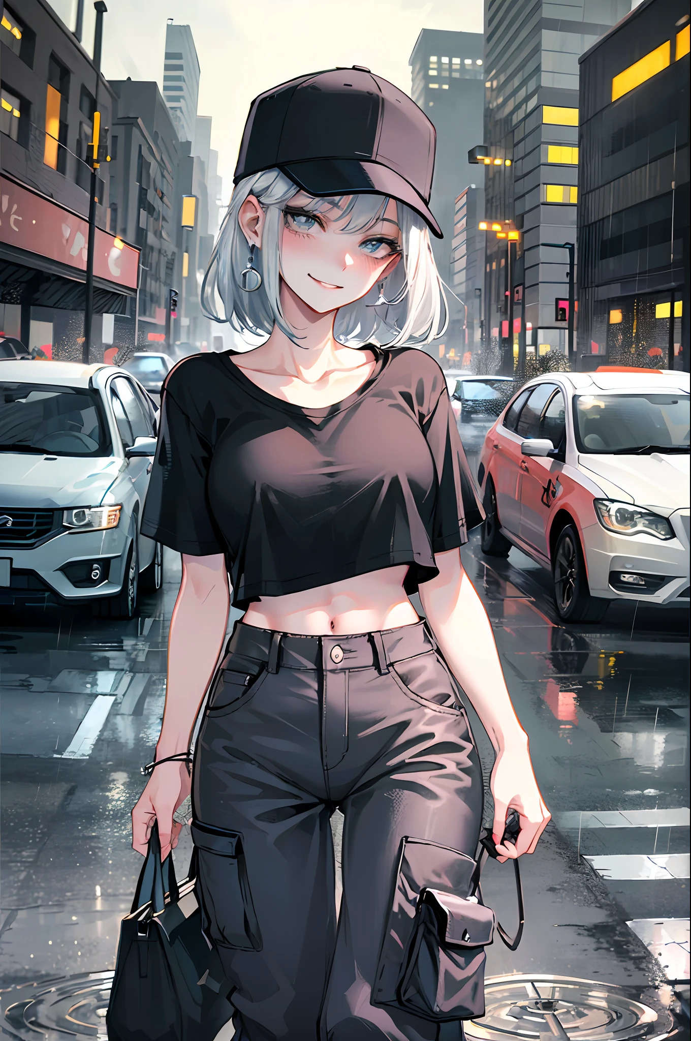 ultra resolution,
(photorealistic:1.3),
(1 slim girl), stylish girl, fashion,
young face, blush, (evil smile),
(slim) thigh,
baseball cap, earrings,
(black T-shirt), (baggy cargo pants),
gravure,
rainy city street