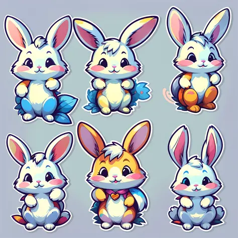 sticker, rabbit in different poses, chibi style, white background, full body, vibrant colors, aligned side by side, big eyes with brightness, sticker illustration, cute rabbit, perfect rabbit, sticker illustrations, sticker design vector art, rabbit, vecto...