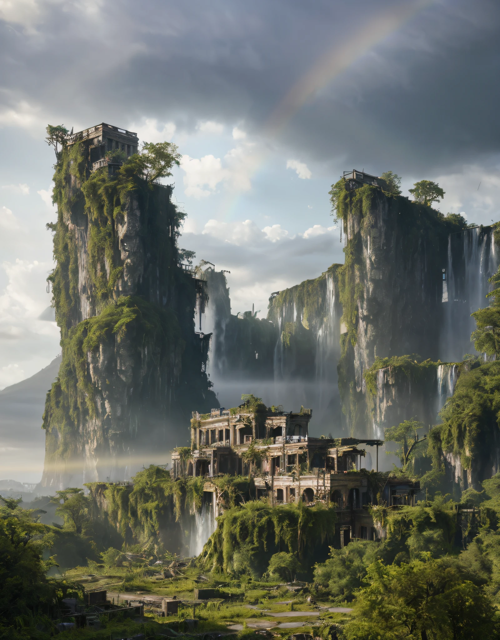 overgrown postapocalyptic ruins, birds in the sky, a rainbow, waterfall : : close shot : : 3 5 mm, realism, octane render, 8 k, exploration, cinematic, trending on artstation, realistic, 3 5 mm camera, unreal engine, hyper detailed, photo - realistic maximum detail, volumetric light, moody cinematic epic concept art, realistic matte painting, hyper photorealistic, concept art, volumetric light, cinematic epic, octane render, 8 k, corona render, movie concept art, octane render, 8 k, corona render, cinematic, trending on artstation, movie concept art, cinematic composition, ultra - detailed, realistic, hyper - realistic, volumetric lighting, 8 k