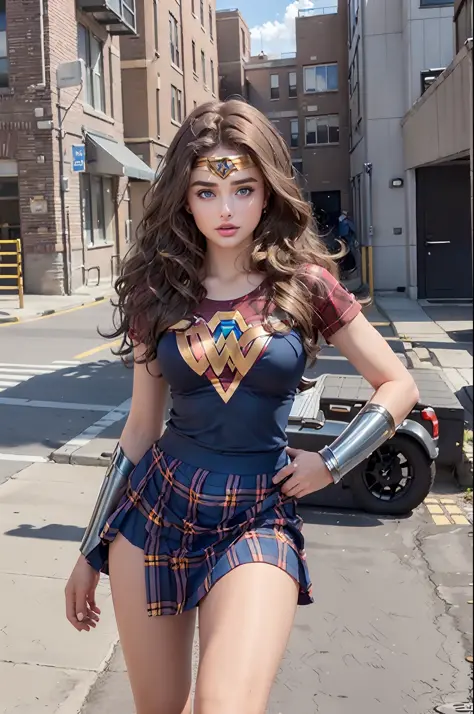 ((Taylor Hill at university.)). ((Wearing a Wonder Woman shirt: 1.5.) (wearing a plaid skirt: 1.5.)). 40k, photography, masterpi...